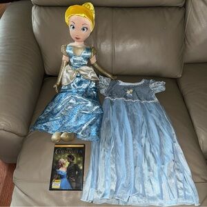 3pc CINDERELLA 36” STUFFED DOLL, 2015 DVD FILM, BLUE TODDLER DRESS 4-6yrs Disney